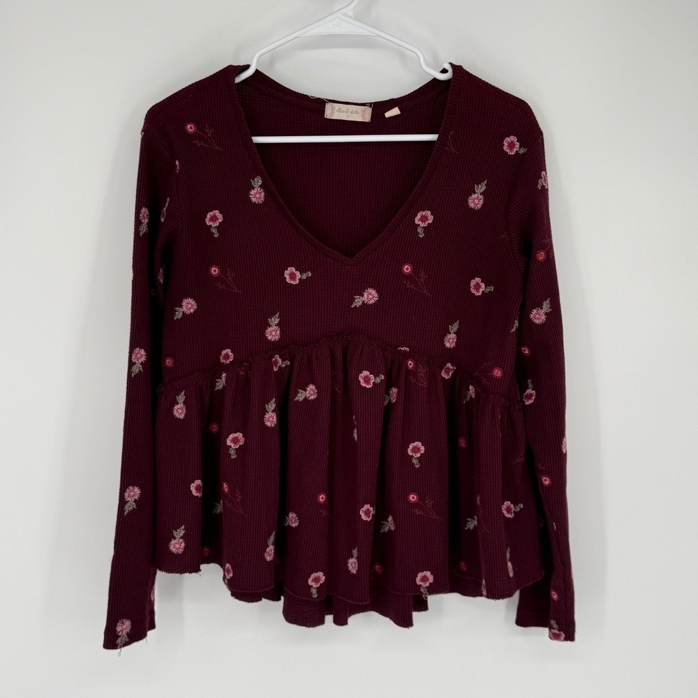 Altar'd State Shirt Women's Small Burgundy Floral Embroidered Cottagecore Boho